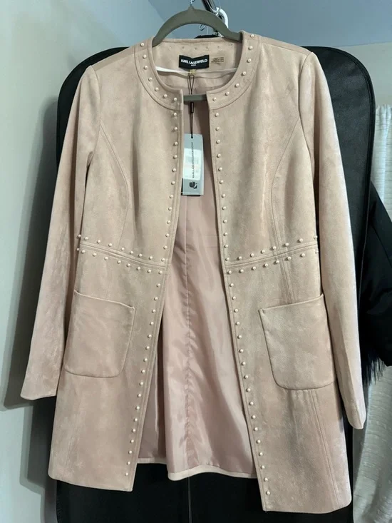 Karl Lagerfeld Blush Pink Pearl-Stud Suede Longline Coat - Picture 5 of 5